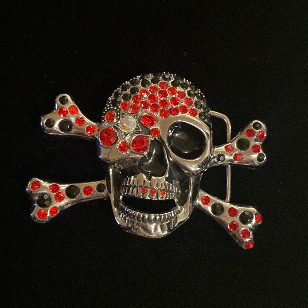 Vintage Skull Cross & Bones Belt Buckle Crystal Encrusted Large